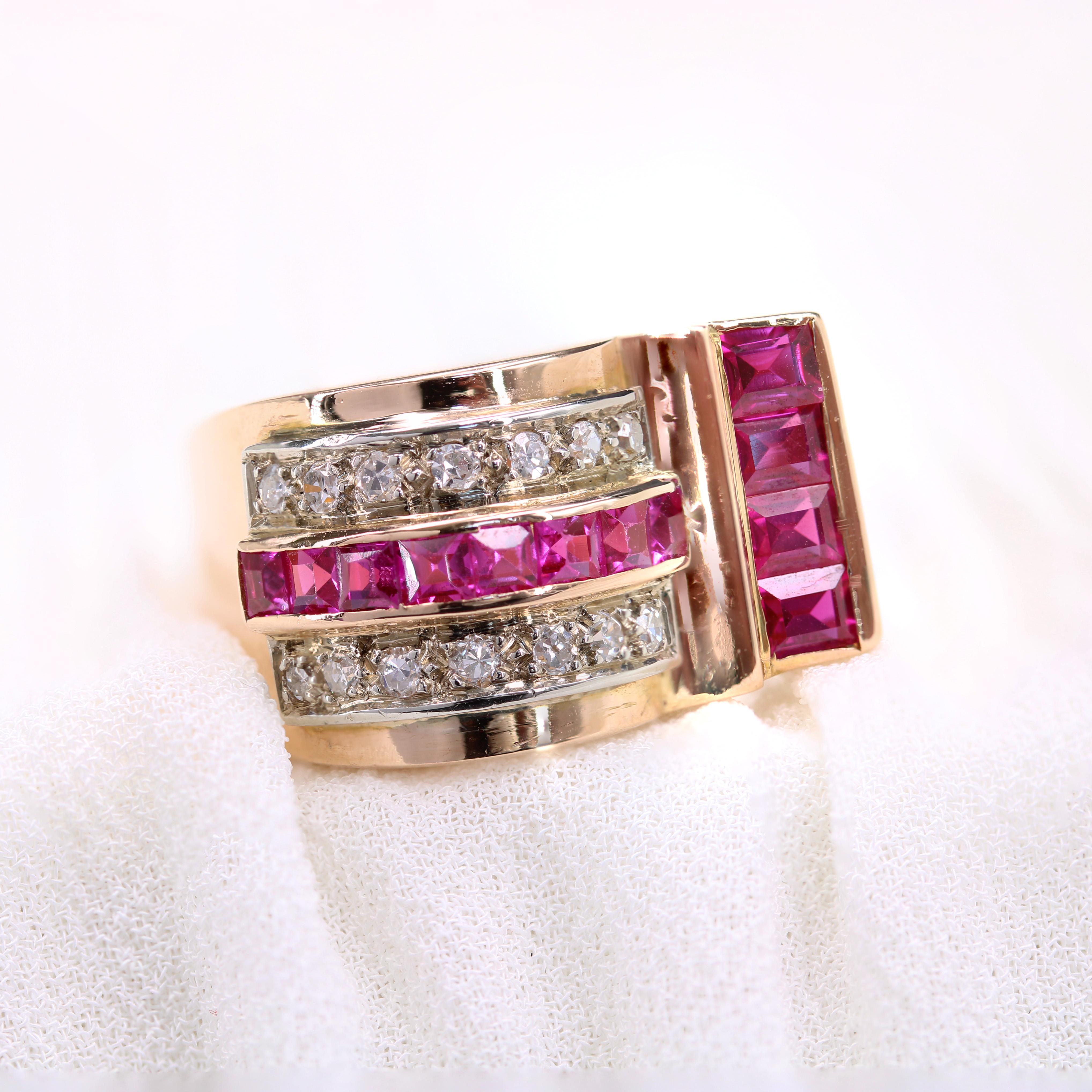 Retro French 1950s Ruby Diamonds 18 Karat Rose Gold Asymmetrical Tank Ring For Sale
