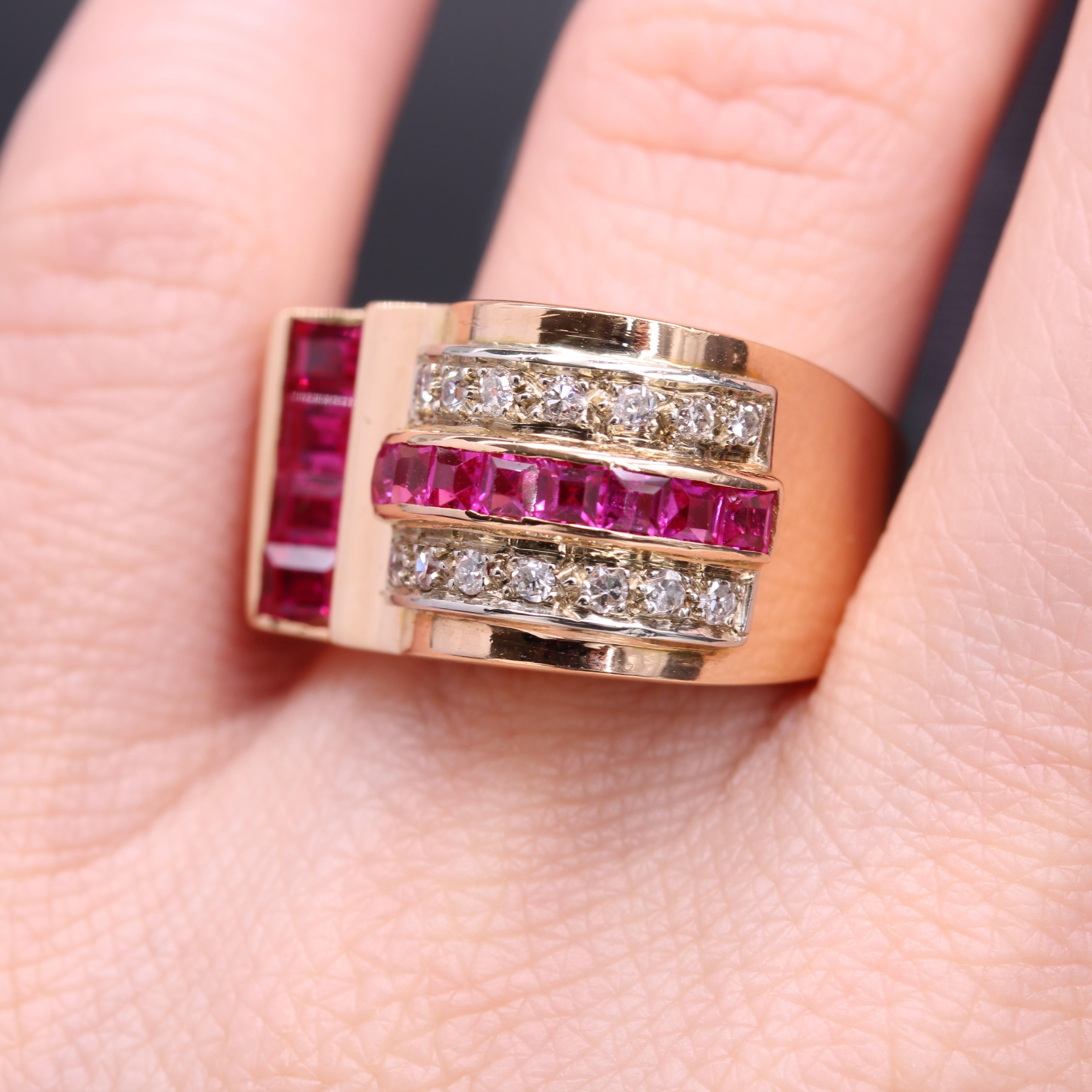 French 1950s Ruby Diamonds 18 Karat Rose Gold Asymmetrical Tank Ring For Sale 11