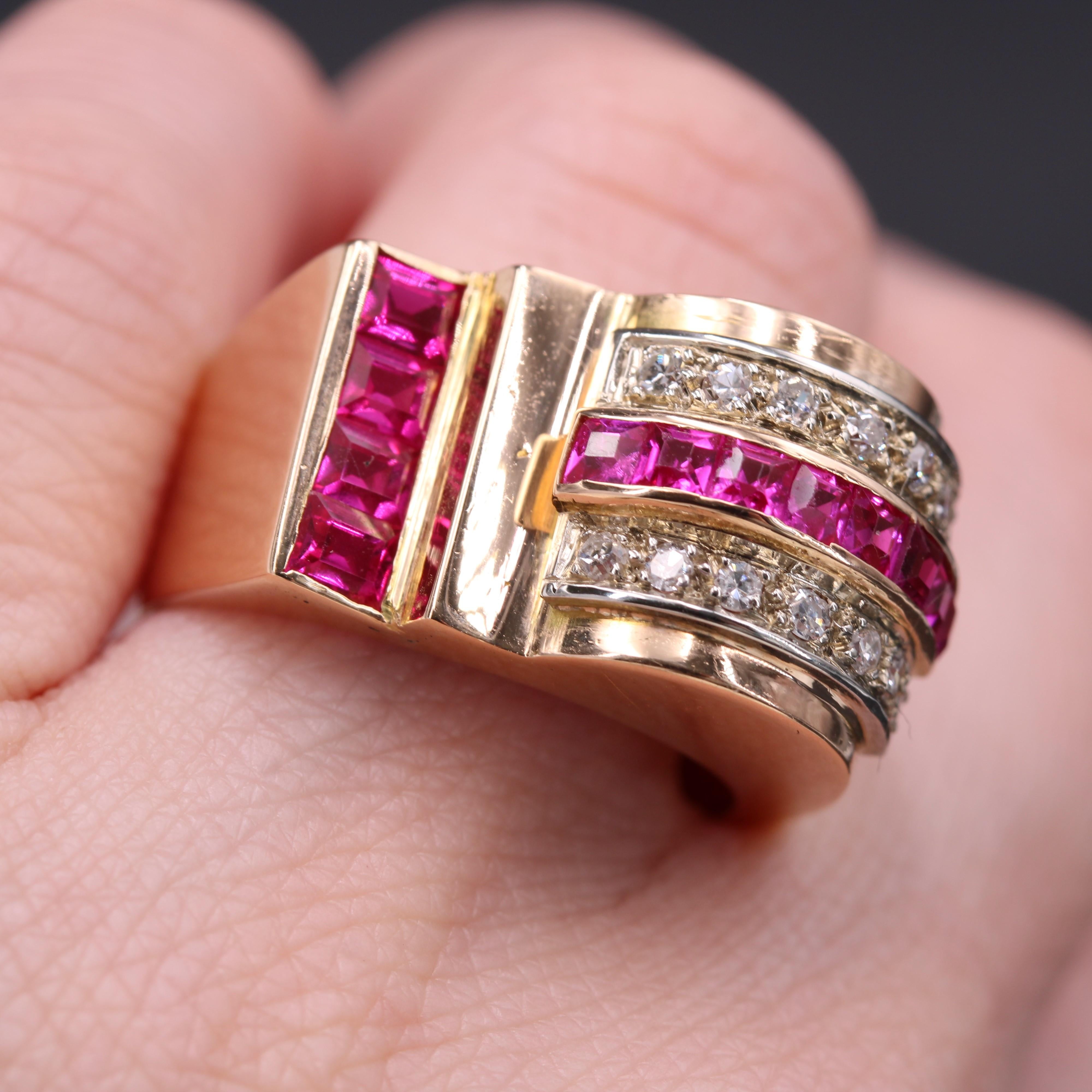 French 1950s Ruby Diamonds 18 Karat Rose Gold Asymmetrical Tank Ring For Sale 12