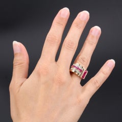 French 1950s Ruby Diamonds 18 Karat Rose Gold Asymmetrical Tank Ring