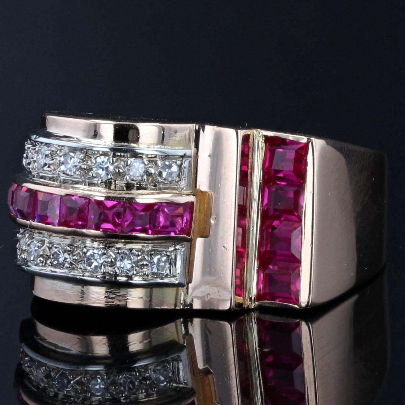 Women's French 1950s Ruby Diamonds 18 Karat Rose Gold Asymmetrical Tank Ring For Sale