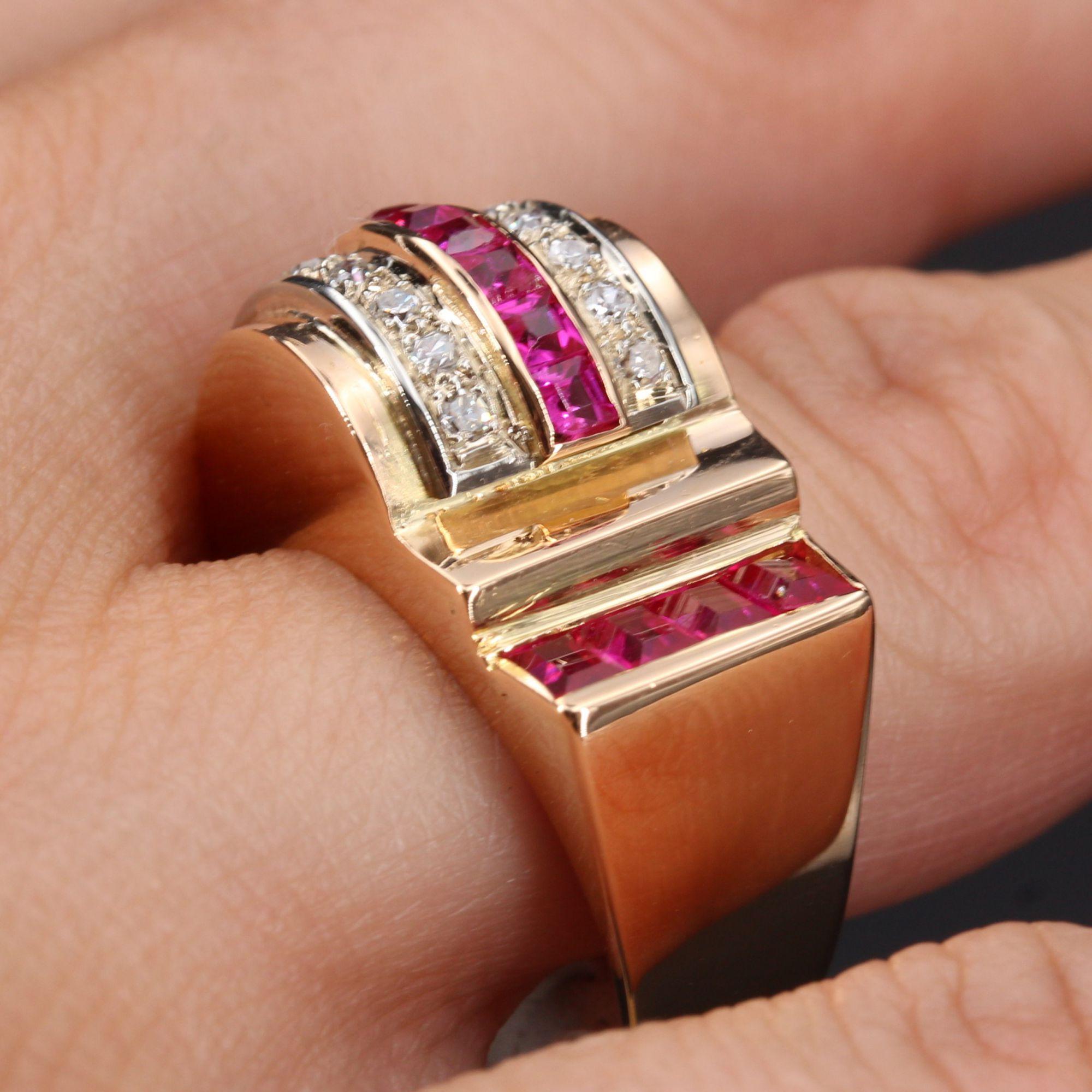 French 1950s Ruby Diamonds 18 Karat Rose Gold Asymmetrical Tank Ring For Sale 5