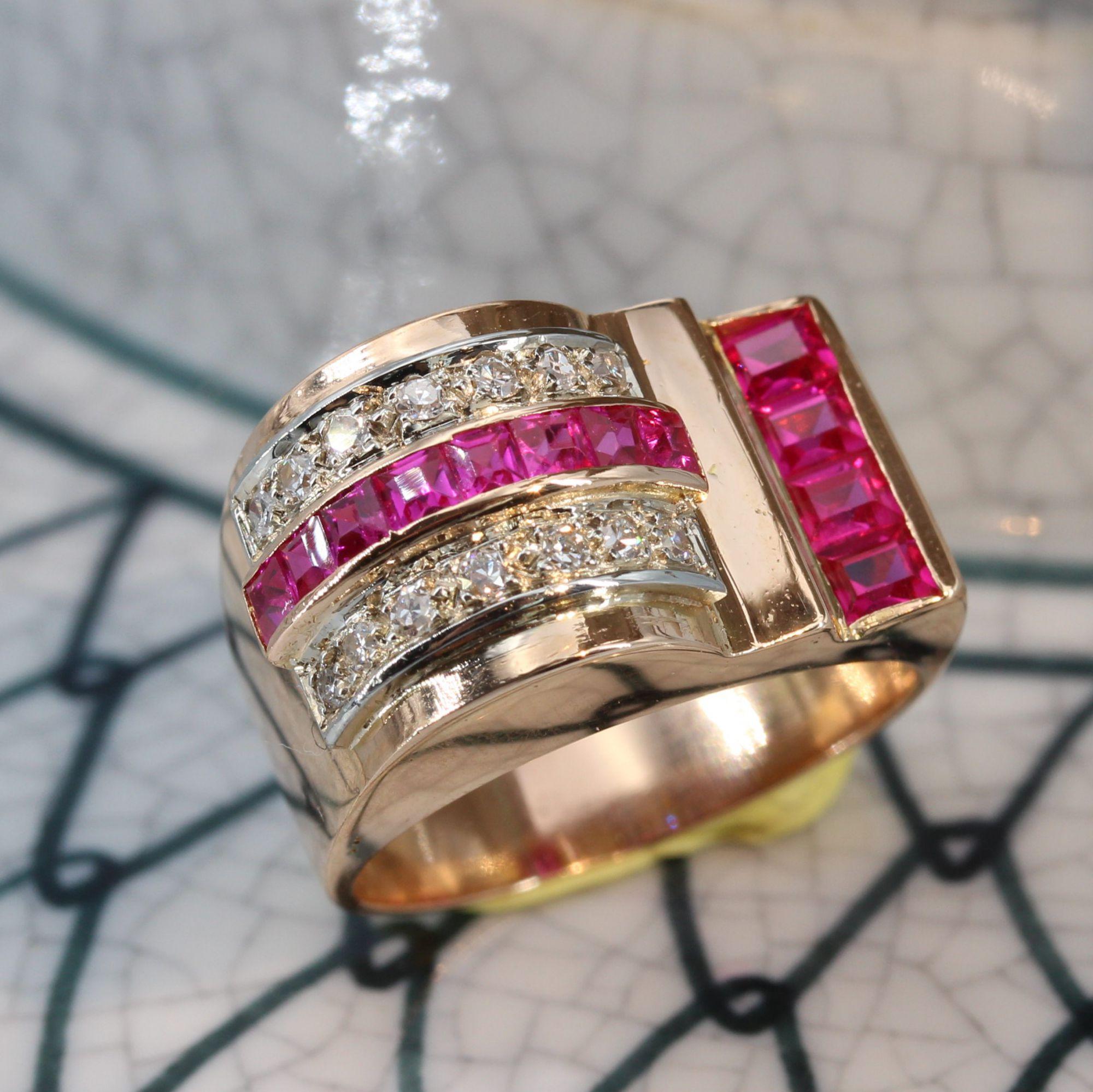 French 1950s Ruby Diamonds 18 Karat Rose Gold Asymmetrical Tank Ring For Sale 6