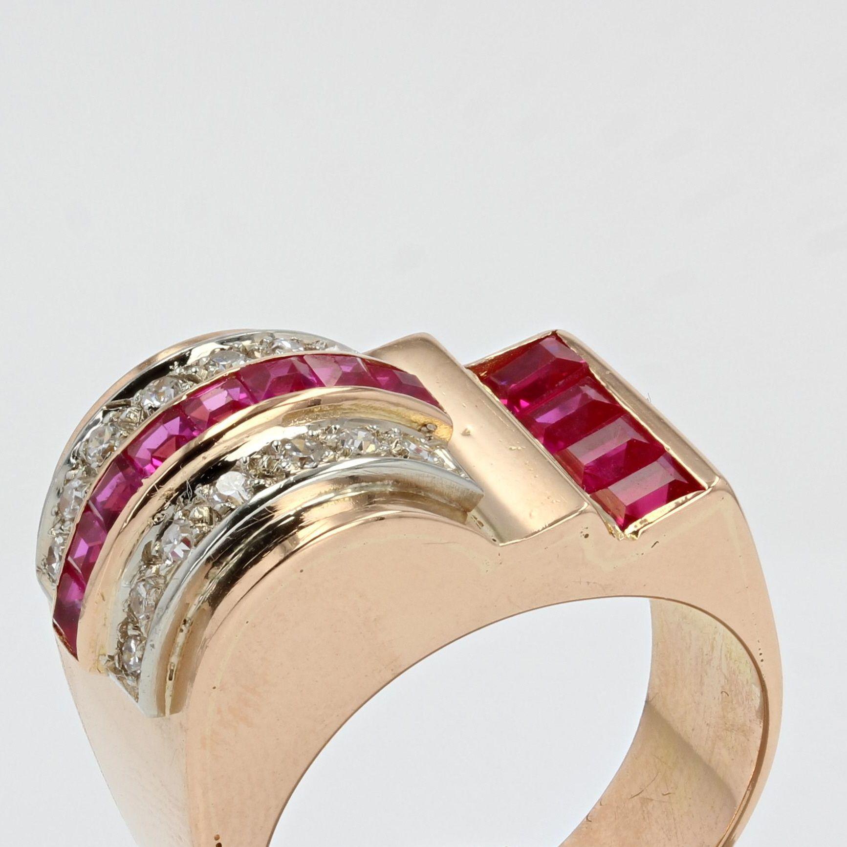 French 1950s Ruby Diamonds 18 Karat Rose Gold Asymmetrical Tank Ring For Sale 2