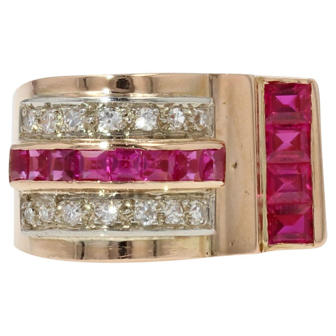 French 1950s Ruby Diamonds 18 Karat Rose Gold Asymmetrical Tank Ring For Sale