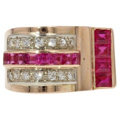 French 1950s Ruby Diamonds 18 Karat Rose Gold Asymmetrical Tank Ring