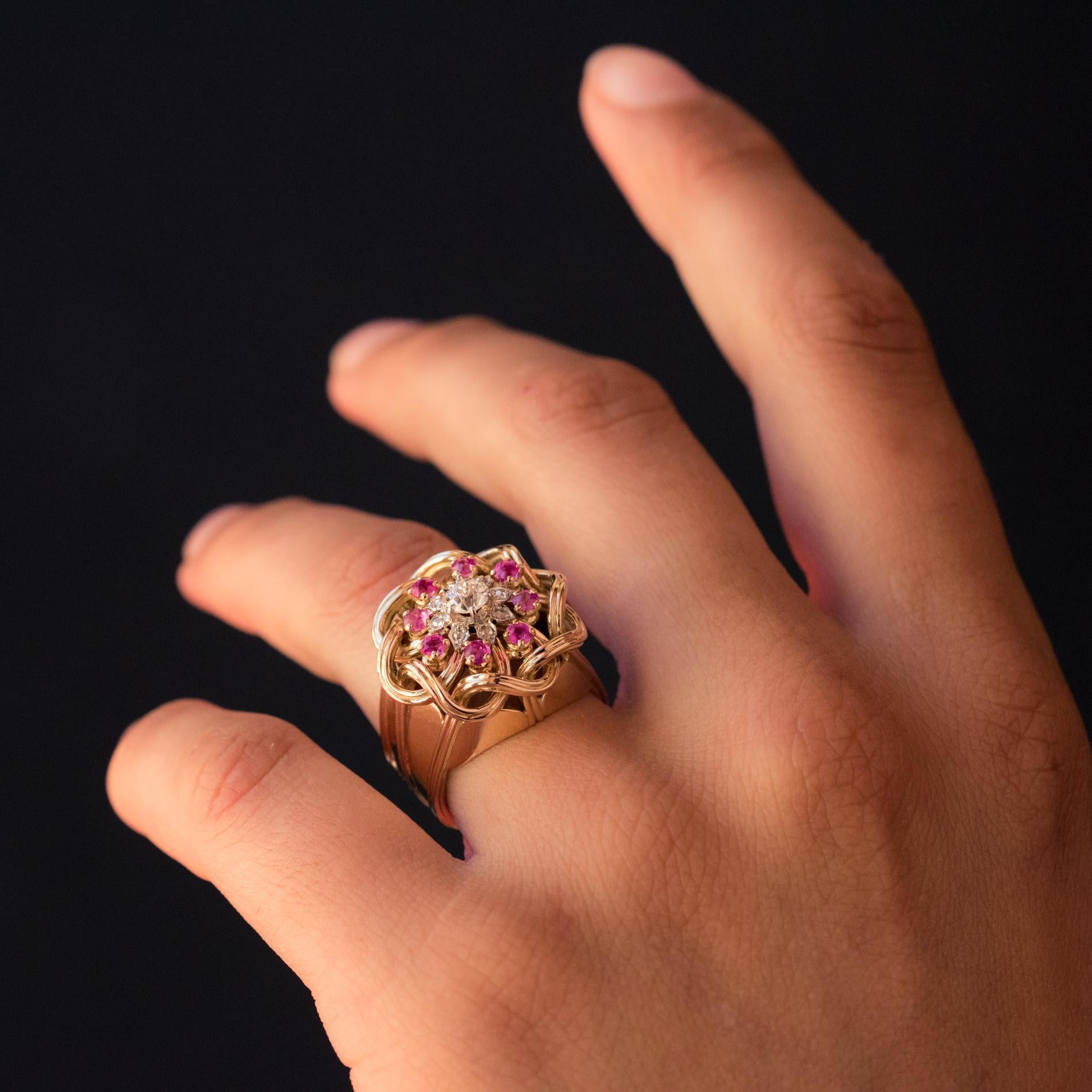 French 1950s Ruby Diamonds Intertwined 18 Karat Gold Threads Ring 1