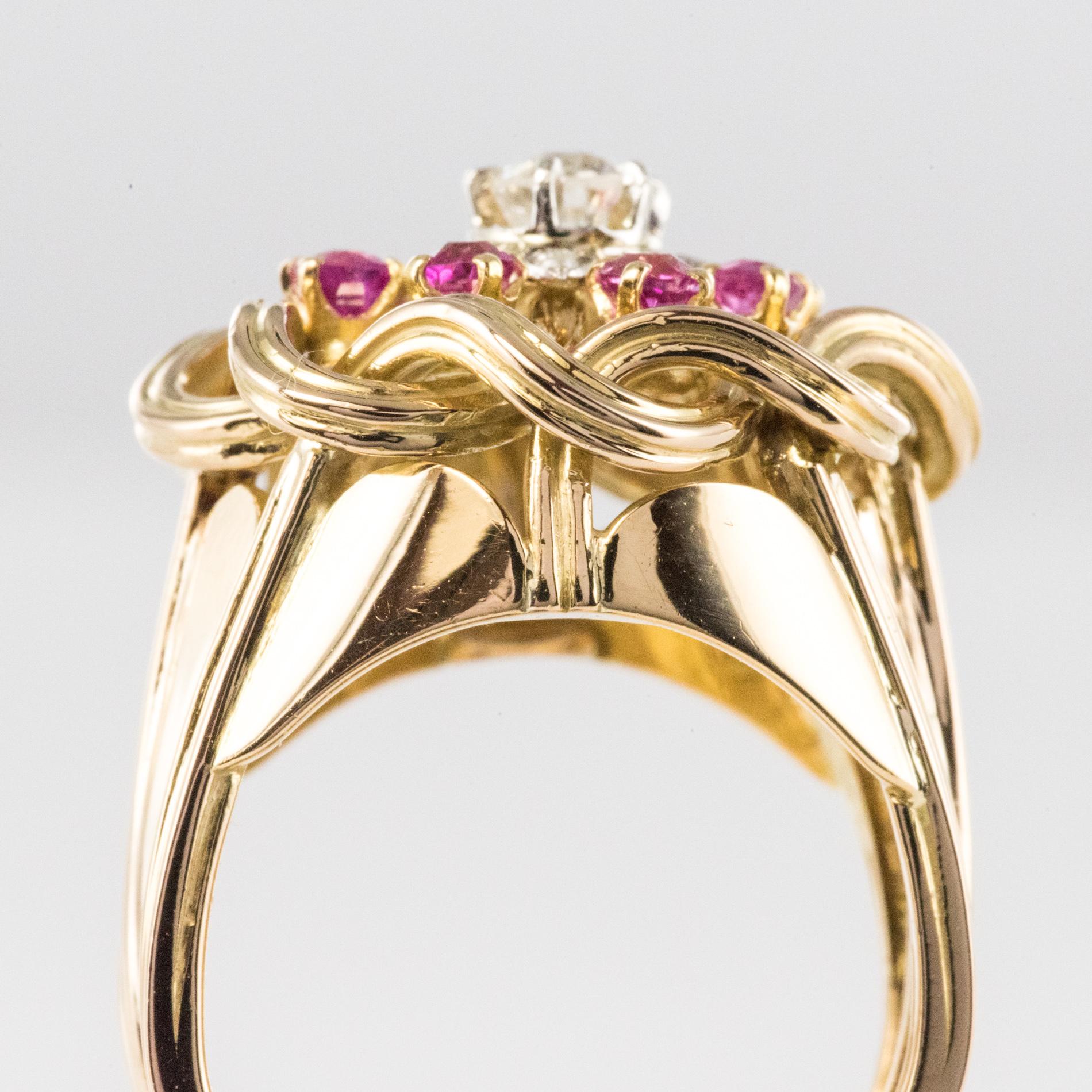 French 1950s Ruby Diamonds Intertwined 18 Karat Gold Threads Ring 2