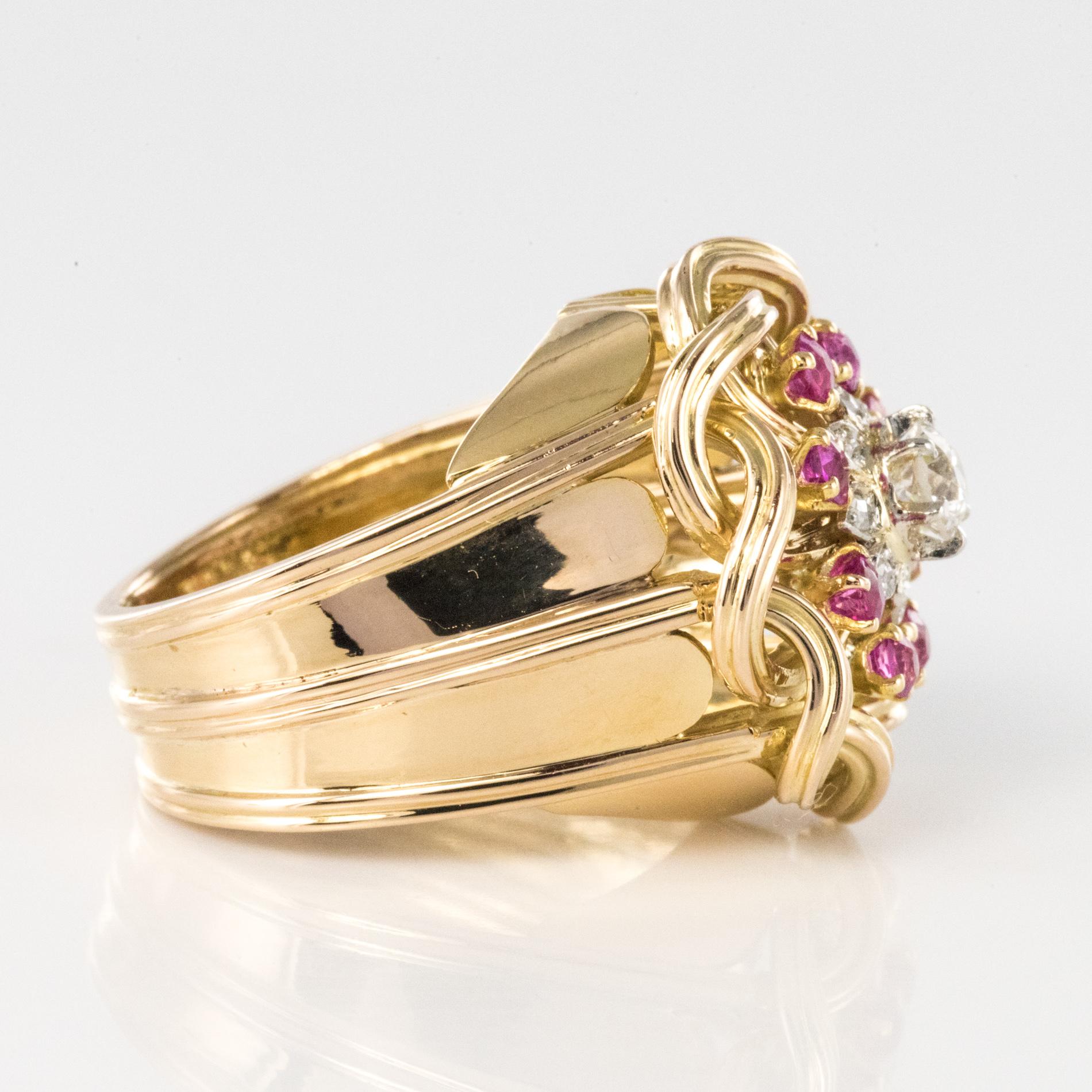 French 1950s Ruby Diamonds Intertwined 18 Karat Gold Threads Ring 4