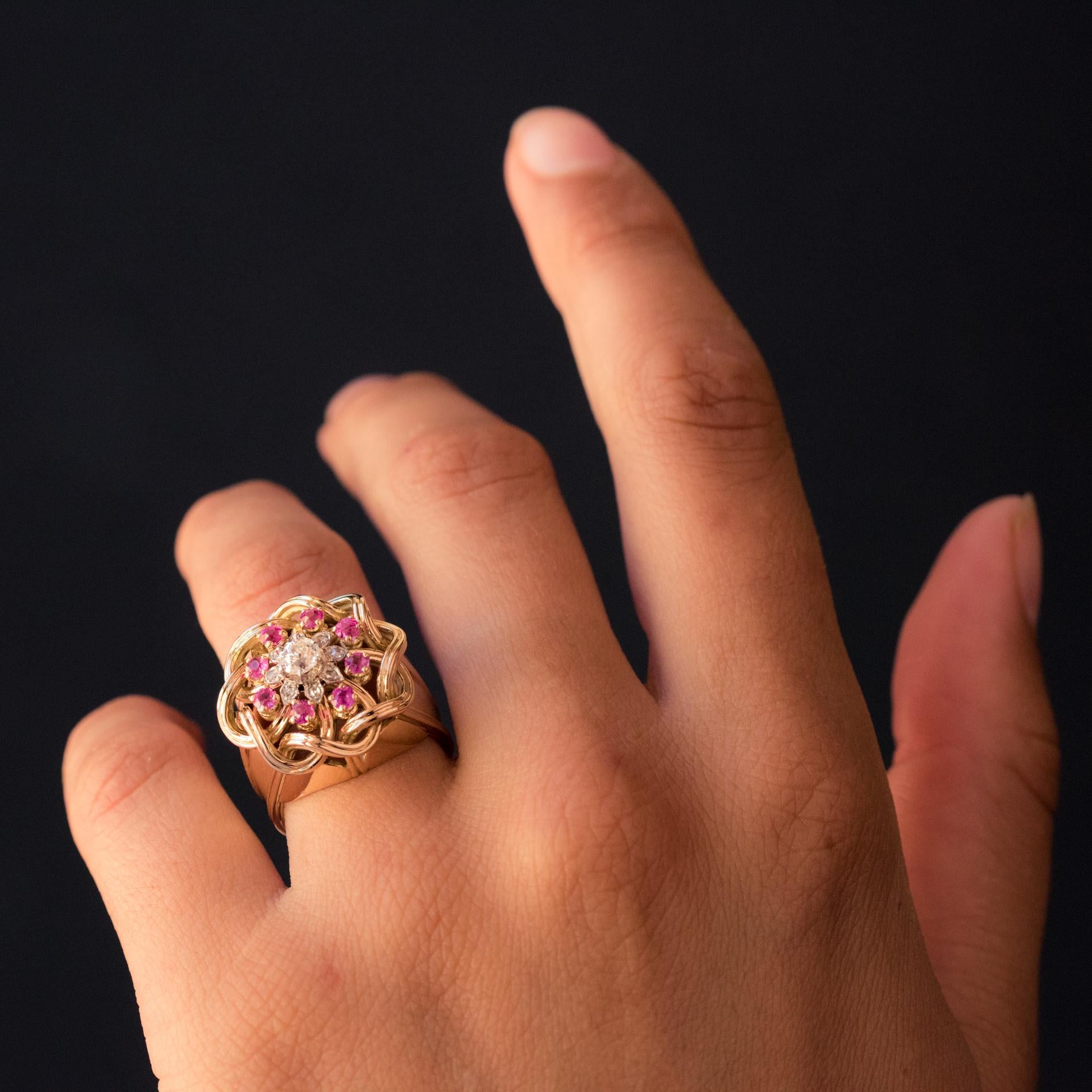 Retro French 1950s Ruby Diamonds Intertwined 18 Karat Gold Threads Ring