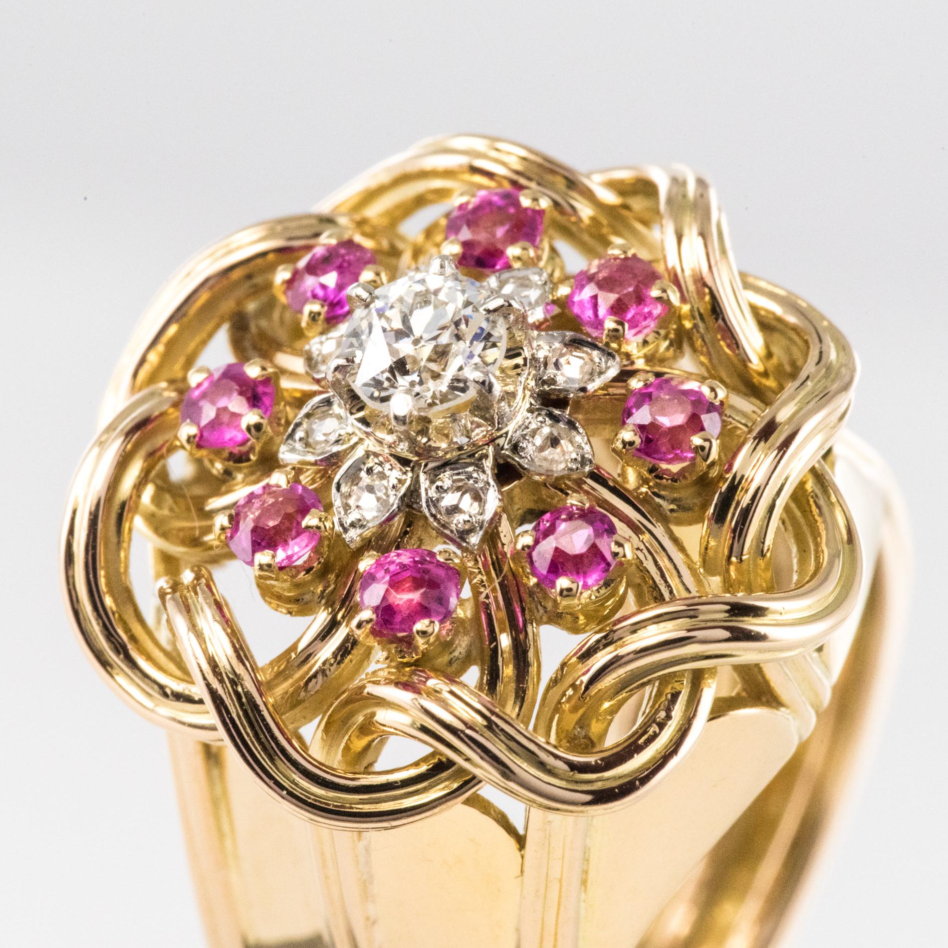 Brilliant Cut French 1950s Ruby Diamonds Intertwined 18 Karat Gold Threads Ring