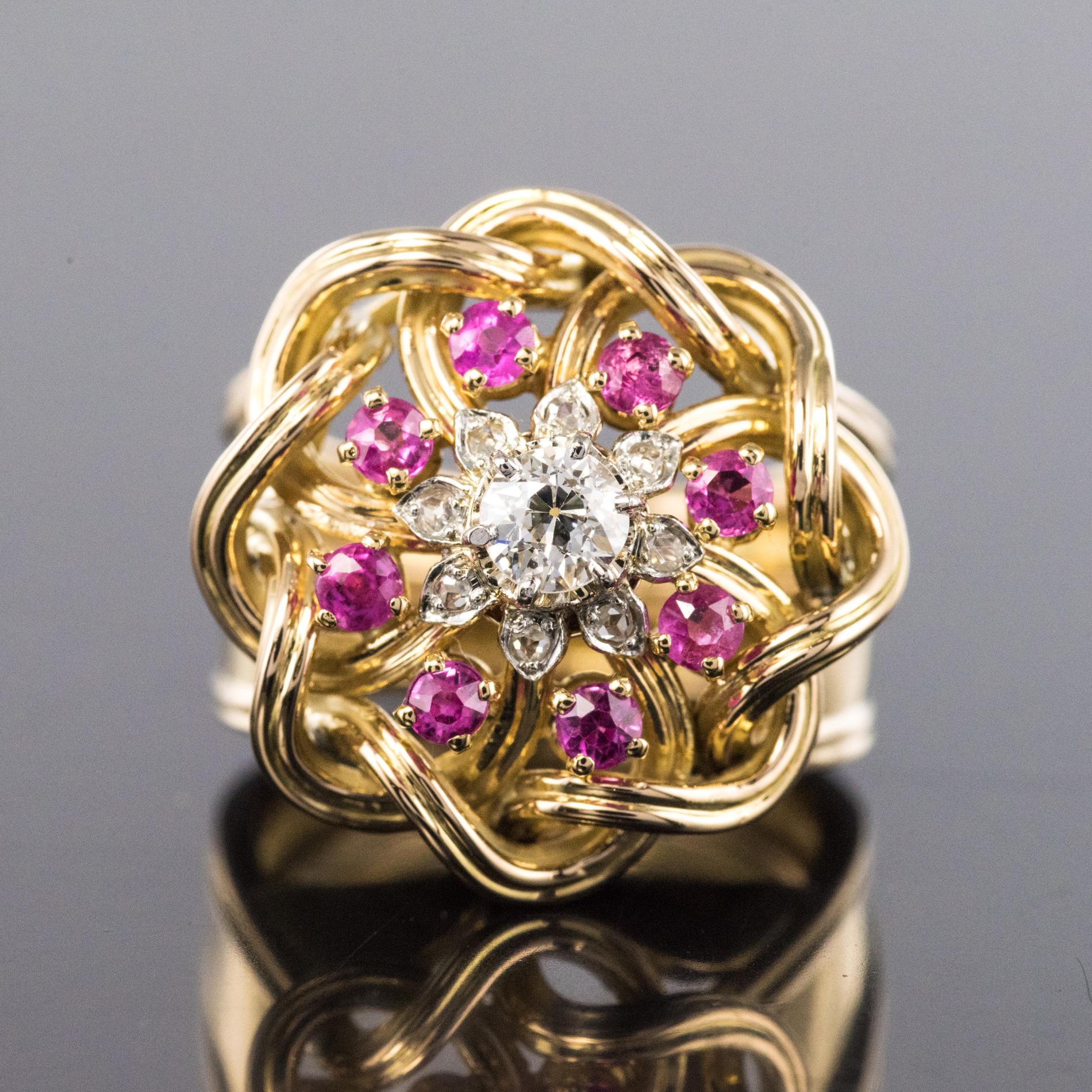 Women's French 1950s Ruby Diamonds Intertwined 18 Karat Gold Threads Ring
