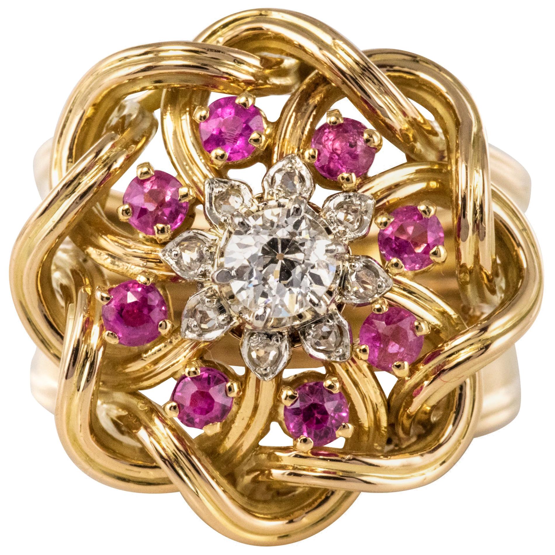 French 1950s Ruby Diamonds Intertwined 18 Karat Gold Threads Ring