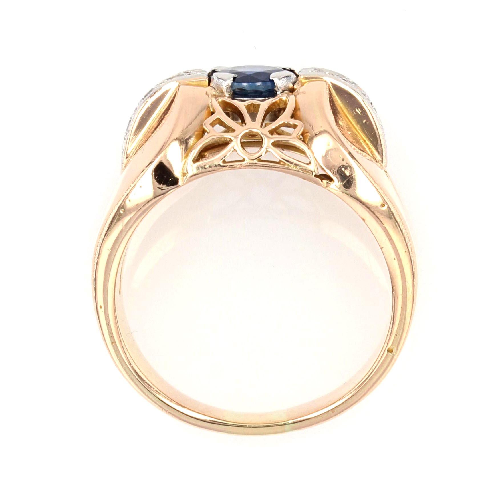 French, 1950s, Sapphire Diamond 18 Karat Yellow Gold Platinum Domed Tank Ring For Sale 1