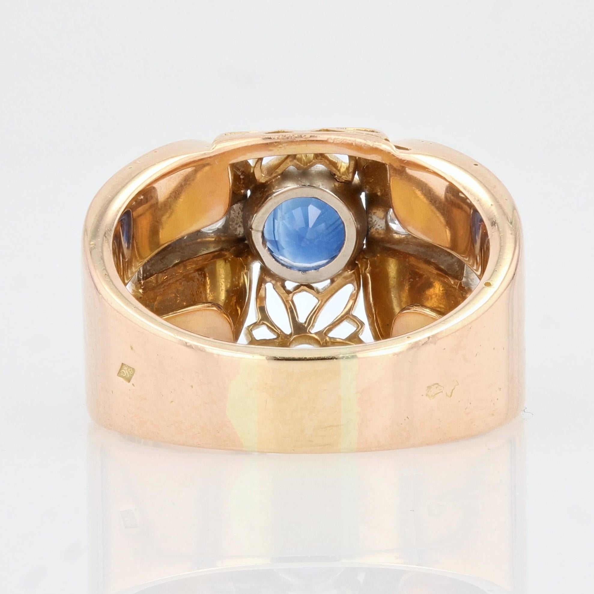 French, 1950s, Sapphire Diamond 18 Karat Yellow Gold Platinum Domed Tank Ring For Sale 2