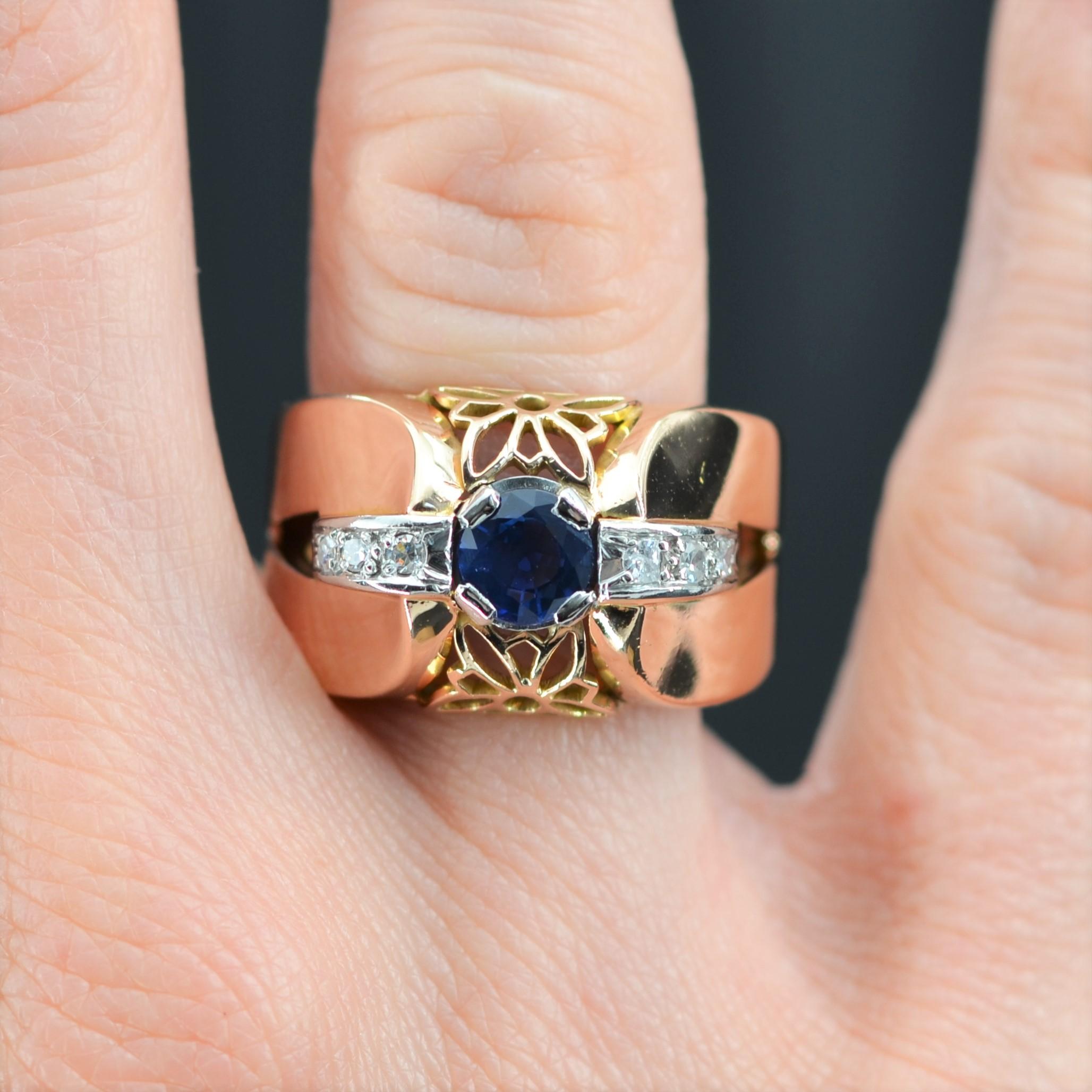 Round Cut French, 1950s, Sapphire Diamond 18 Karat Yellow Gold Platinum Domed Tank Ring For Sale