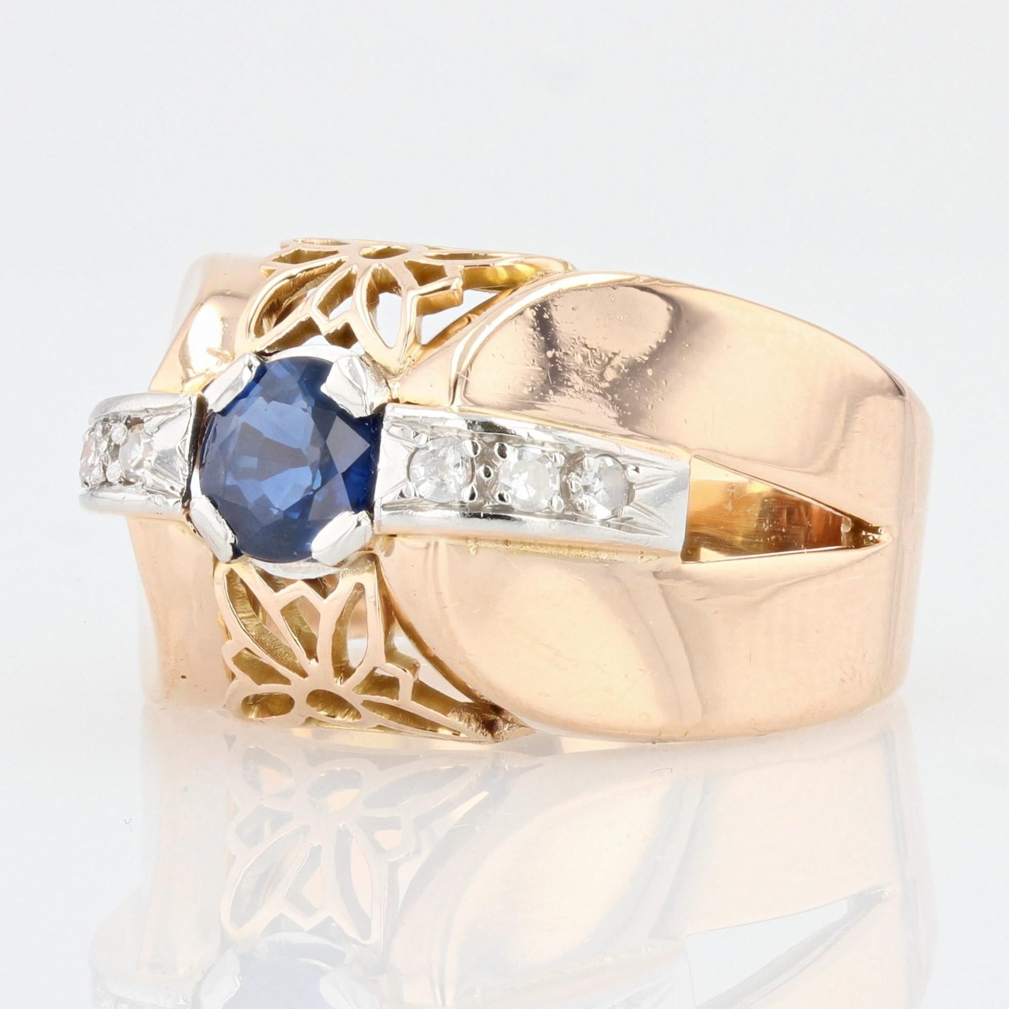 French, 1950s, Sapphire Diamond 18 Karat Yellow Gold Platinum Domed Tank Ring In Good Condition For Sale In Poitiers, FR