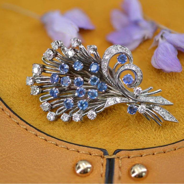 French 1950s Sapphire Diamond Platinum White Gold Bouquet Brooch For Sale 1