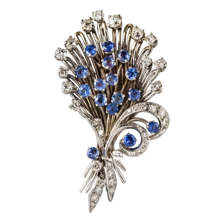 French 1950s Sapphire Diamond Platinum White Gold Bouquet Brooch For Sale