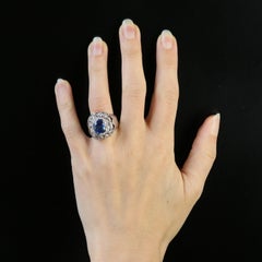 French 1950s Sapphire Diamonds 18 Karat White Gold Domed Ring