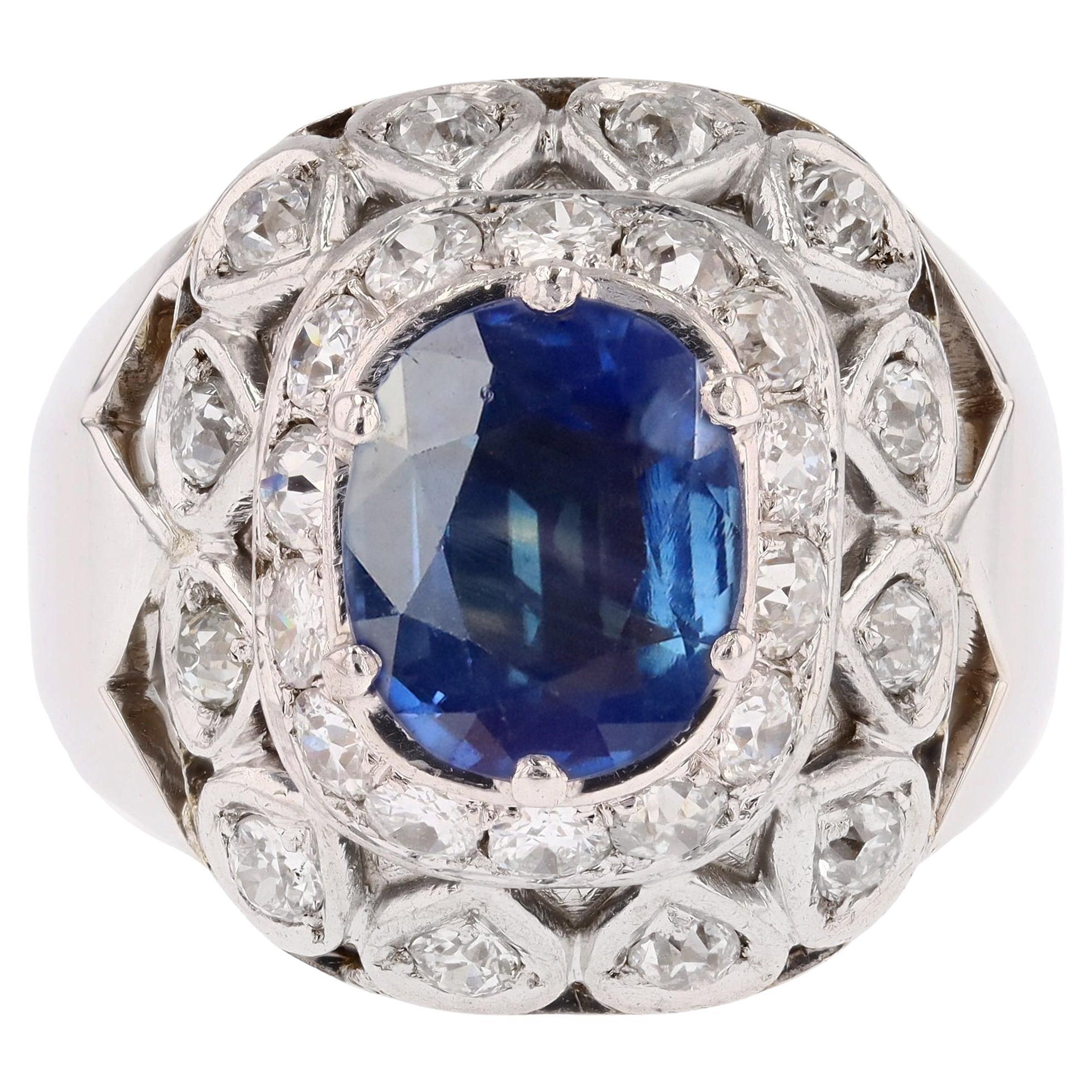 French 1950s Sapphire Diamonds 18 Karat White Gold Domed Ring