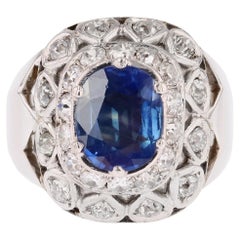 French 1950s Sapphire Diamonds 18 Karat White Gold Domed Ring