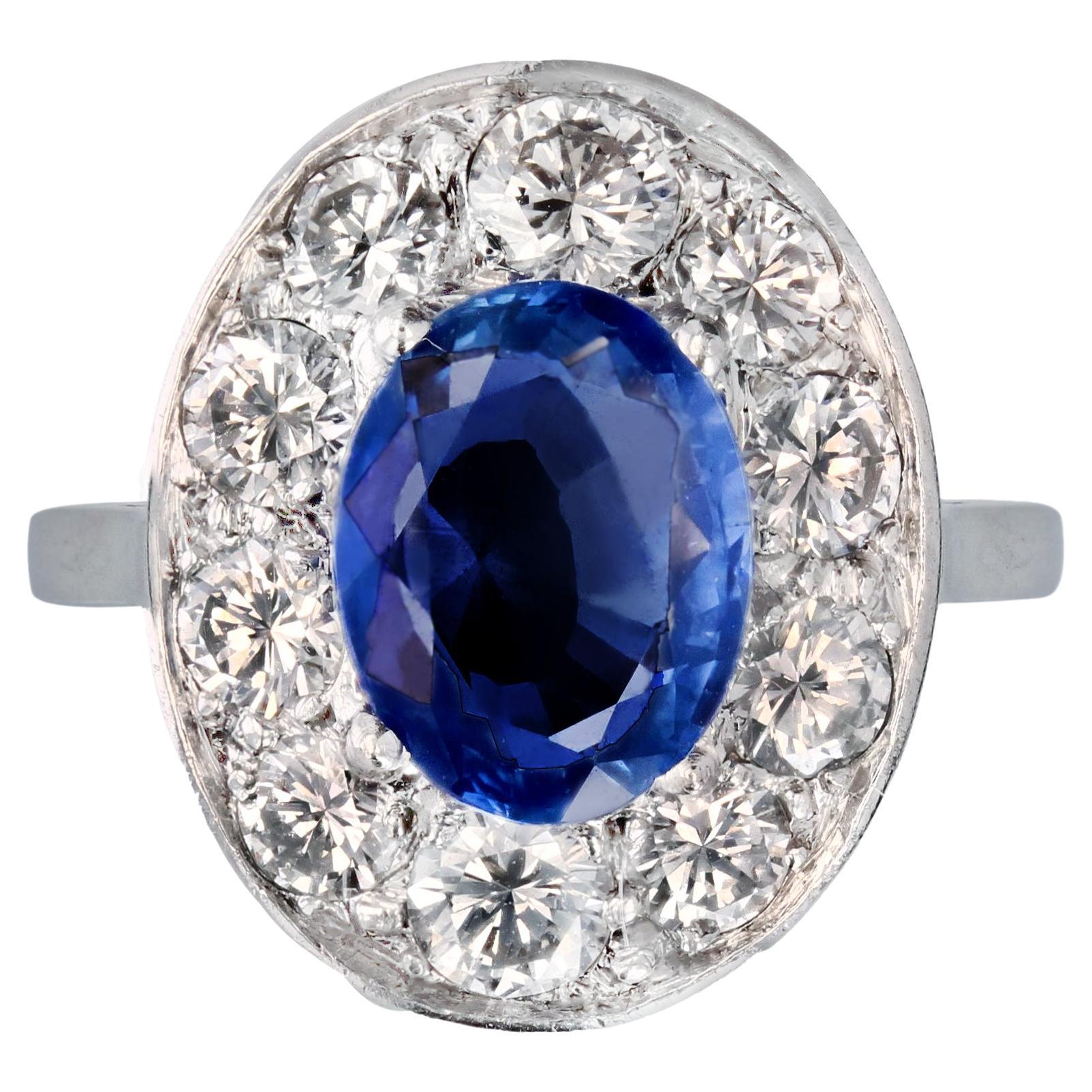 French 1950s Sapphire Diamonds 18 Karat White Gold Oval Ring For Sale