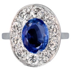 Vintage French 1950s Sapphire Diamonds 18 Karat White Gold Oval Ring