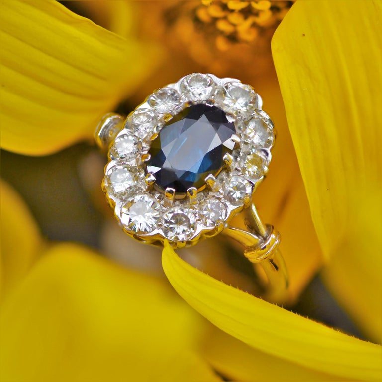 Bague Or Blanc 18 Carats - Style Pompadour Avec Saphir Et 12 Diamants - Taille 50 - Expertisée - Occasion