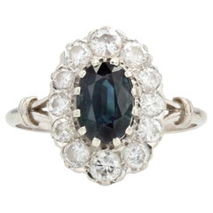 French 1950s Sapphire Diamonds 18 Karat White Gold Pompadour Ring