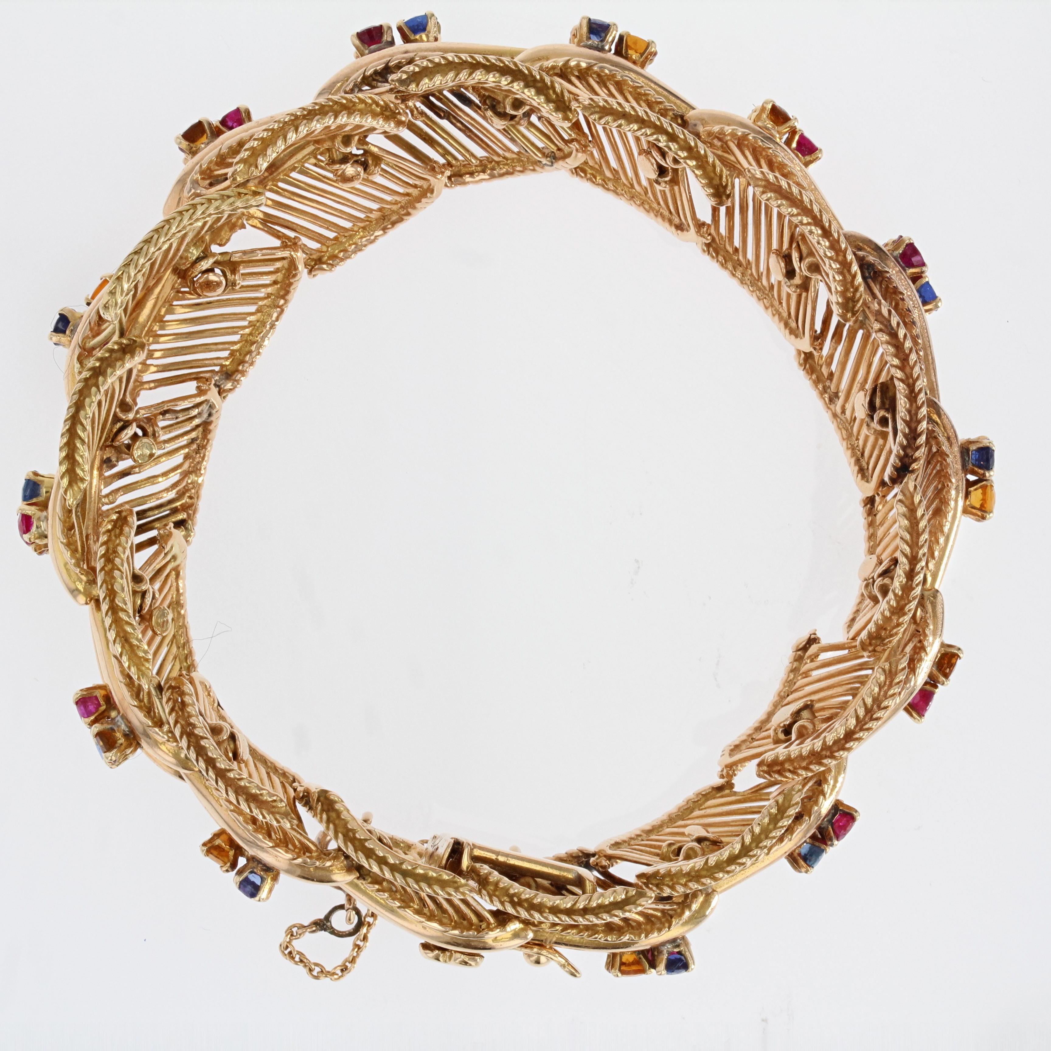 Armband aus 18 Karat Rosgold mit Saphiren, Rubinen und Zitrinen aus den 1950er Jahren im Angebot 8