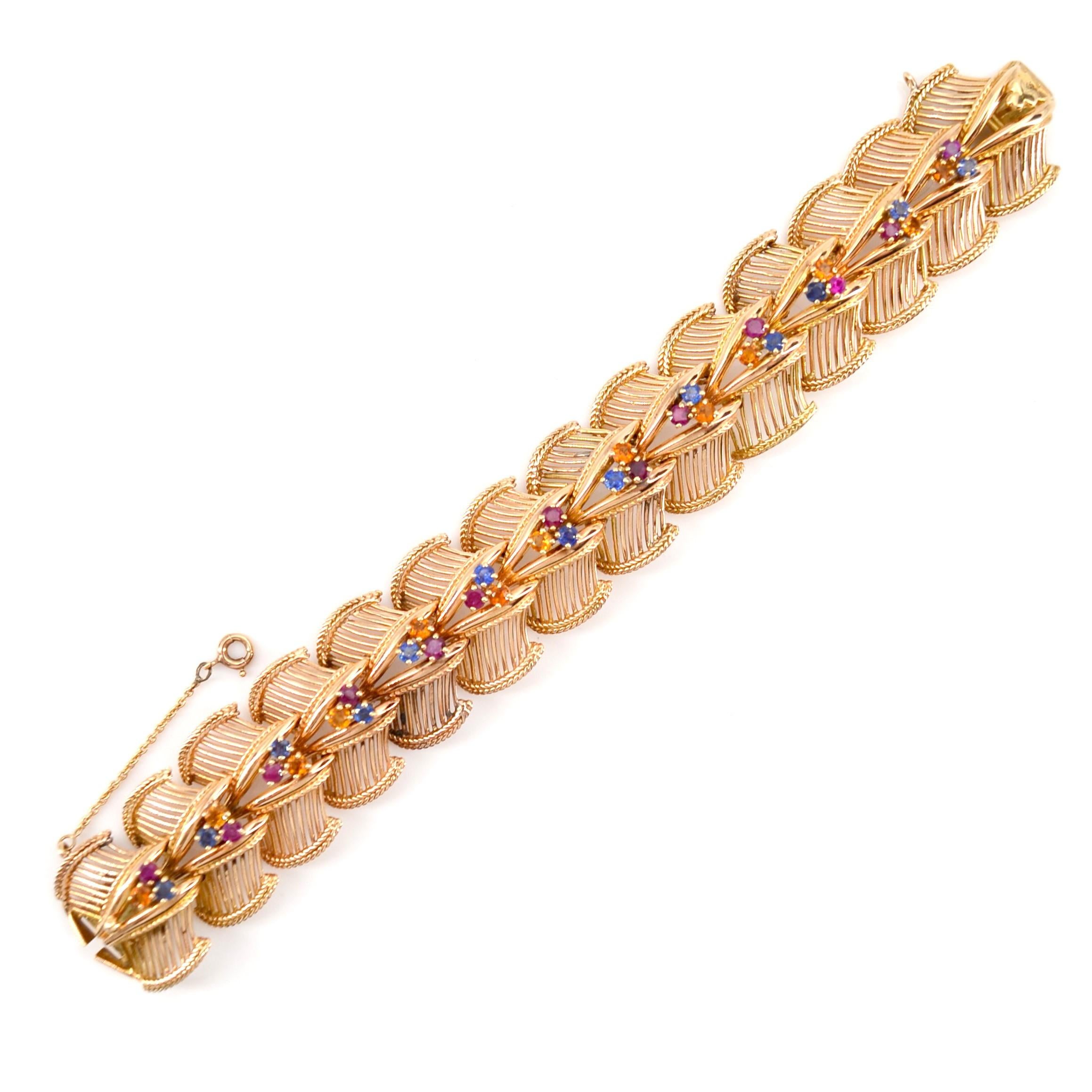 Retro French, 1950s Sapphires Rubies Citrines 18 Karat Rose Gold Bracelet For Sale