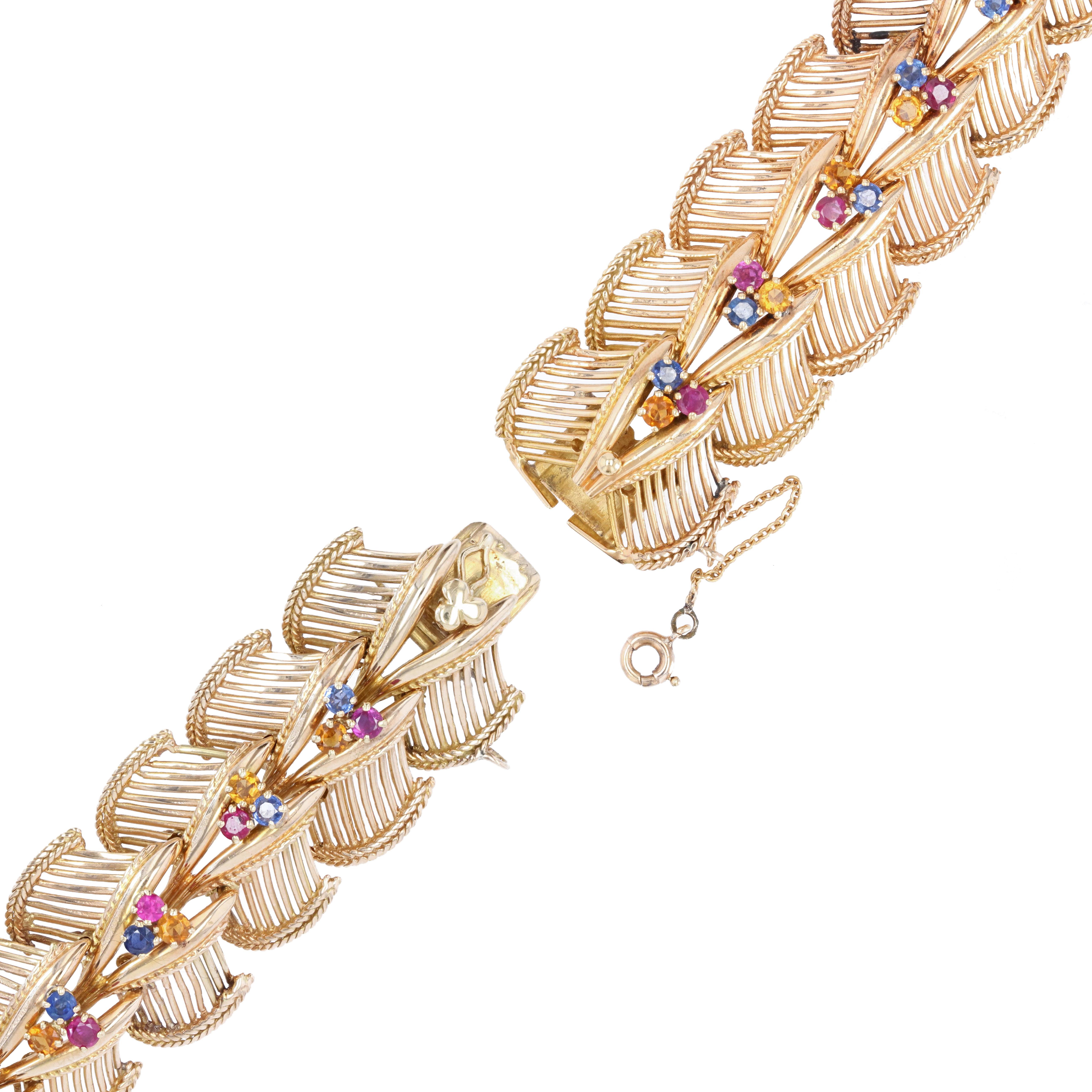 Round Cut French, 1950s Sapphires Rubies Citrines 18 Karat Rose Gold Bracelet For Sale