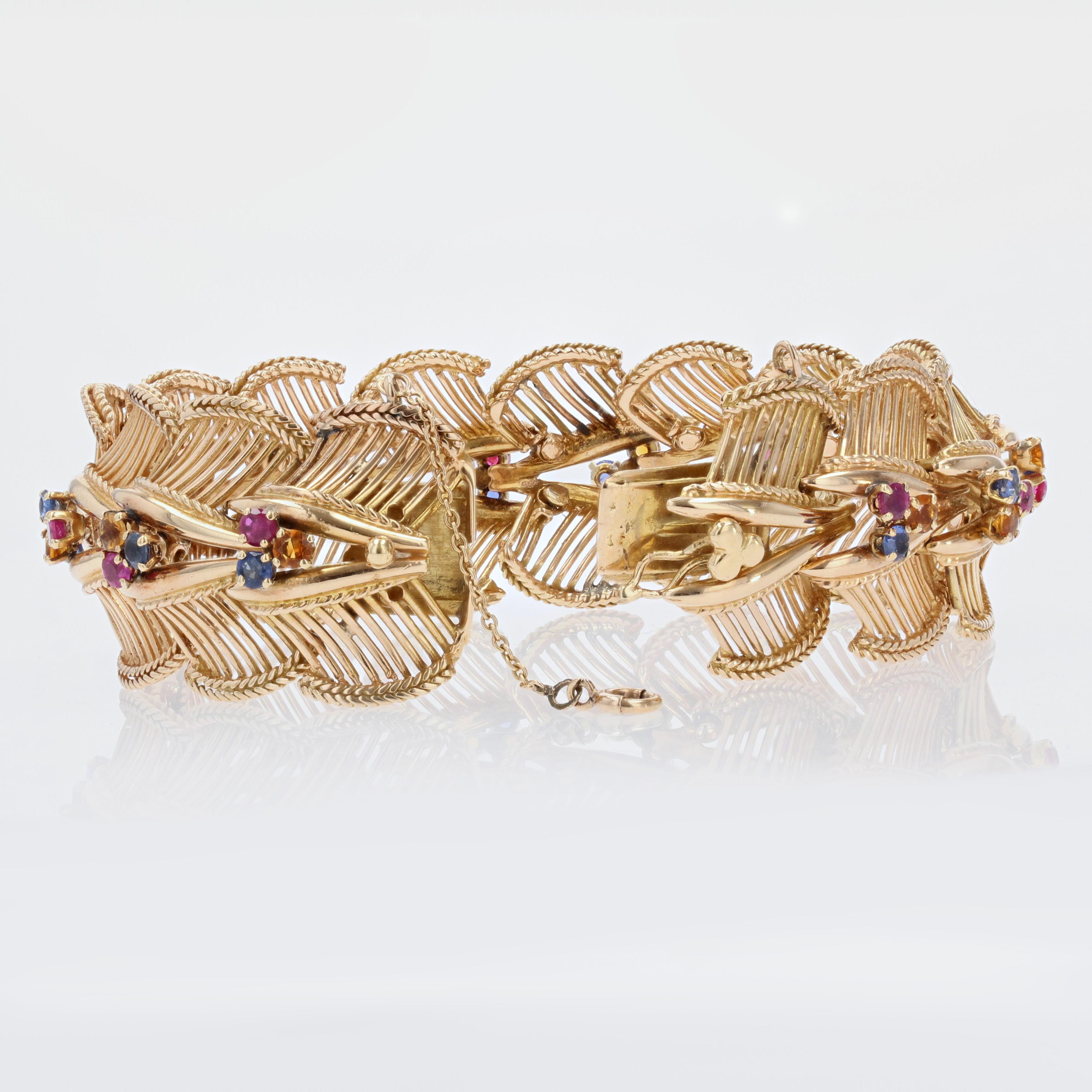 Women's or Men's French, 1950s Sapphires Rubies Citrines 18 Karat Rose Gold Bracelet For Sale