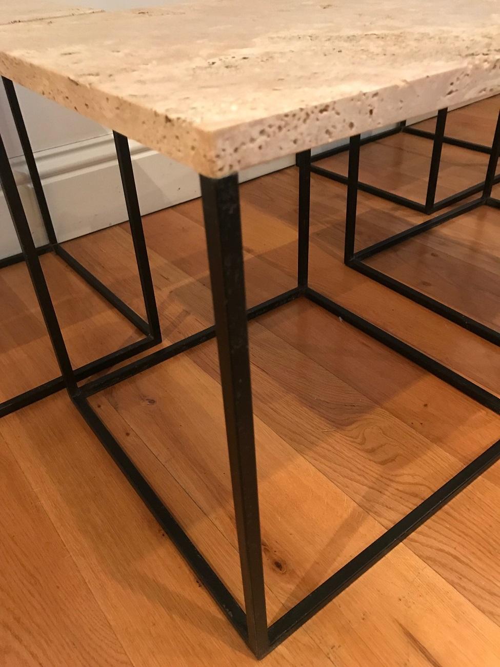 French 1950s Set of Metal and Travertine Tables For Sale 7