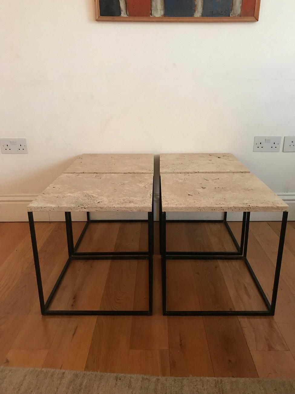 Mid-Century Modern French 1950s Set of Metal and Travertine Tables For Sale