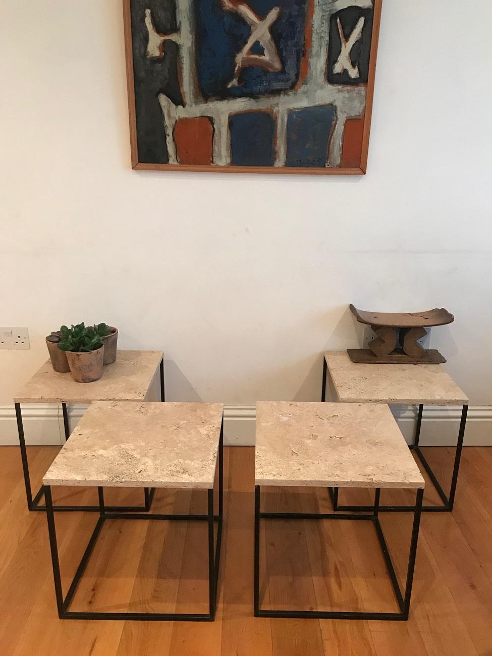 20th Century French 1950s Set of Metal and Travertine Tables For Sale
