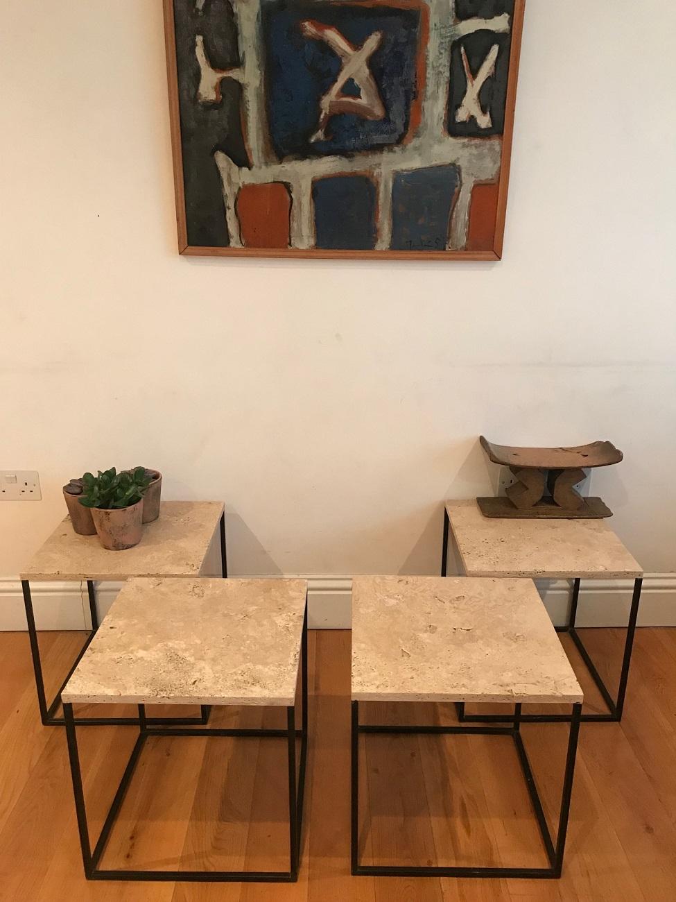French 1950s Set of Metal and Travertine Tables For Sale 1