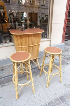 French 1950s Small Rattan Home Bar and Two Bar Stools
