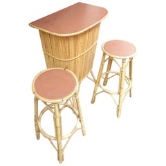 French 1950s Small Rattan Home Bar and Two Bar Stools