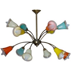 French 1950s Sputnik Chandelier with Colored Glass Shades
