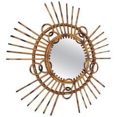 French 1950s Tiki Style Rattan and Bamboo Sunburst Wall Mirror