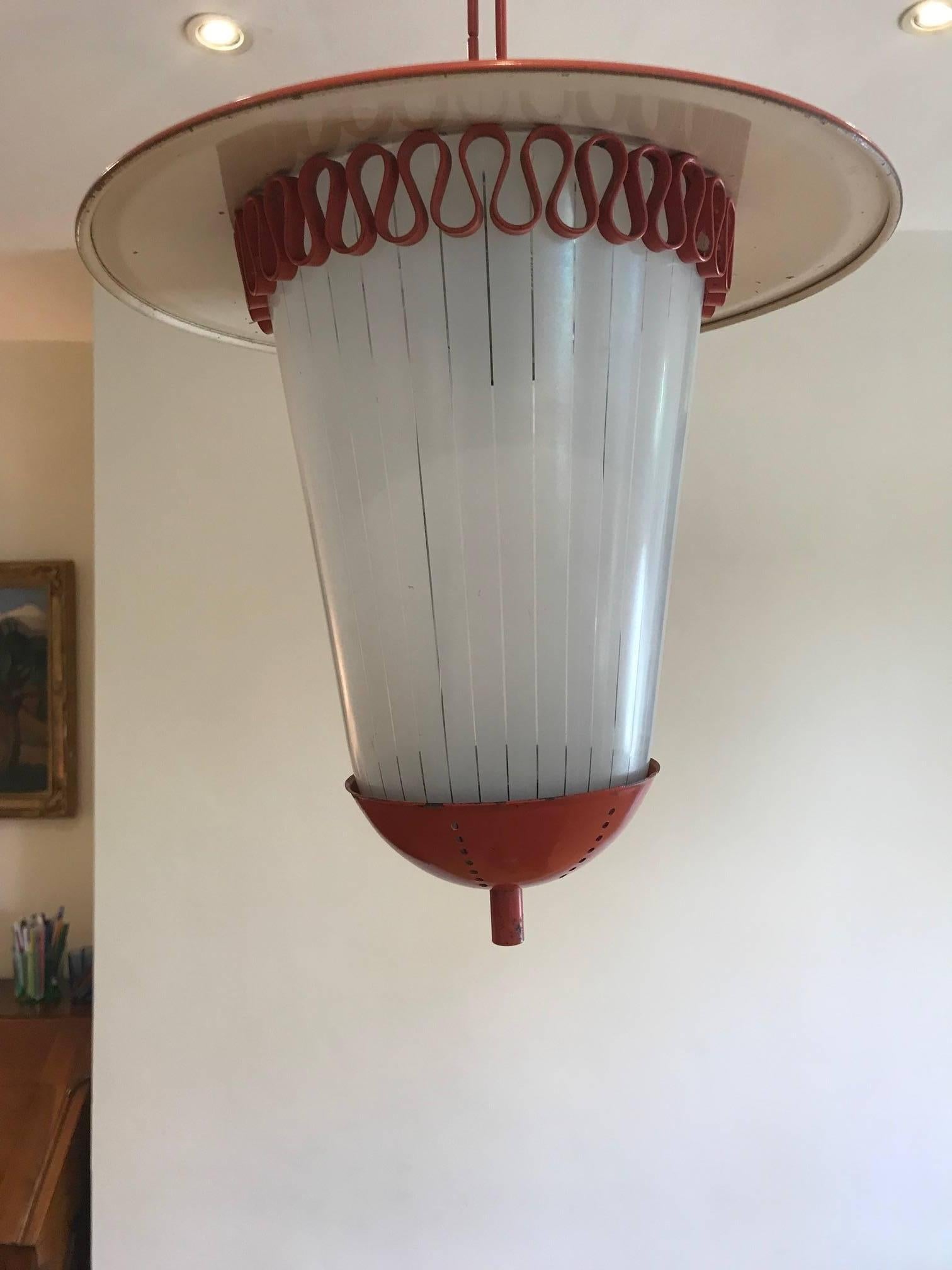 Metal French 1950s Tole and Opaline Lantern