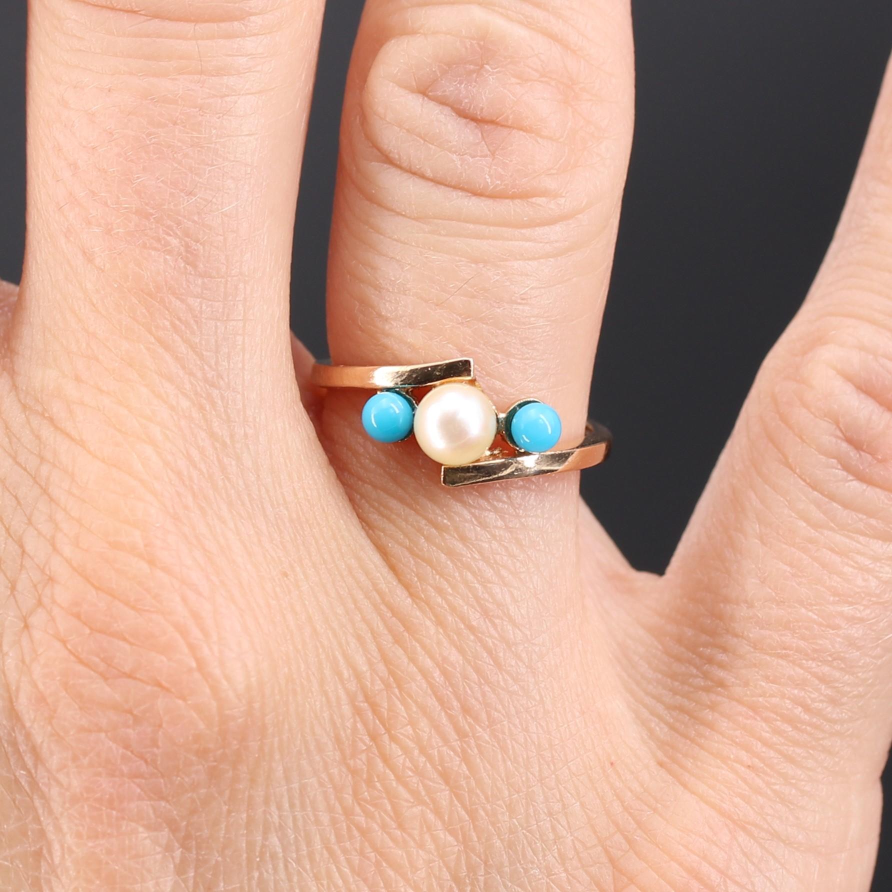 Retro French 1950s Turquoise Cultured Pearls 18 Karat Rose Gold Ring For Sale