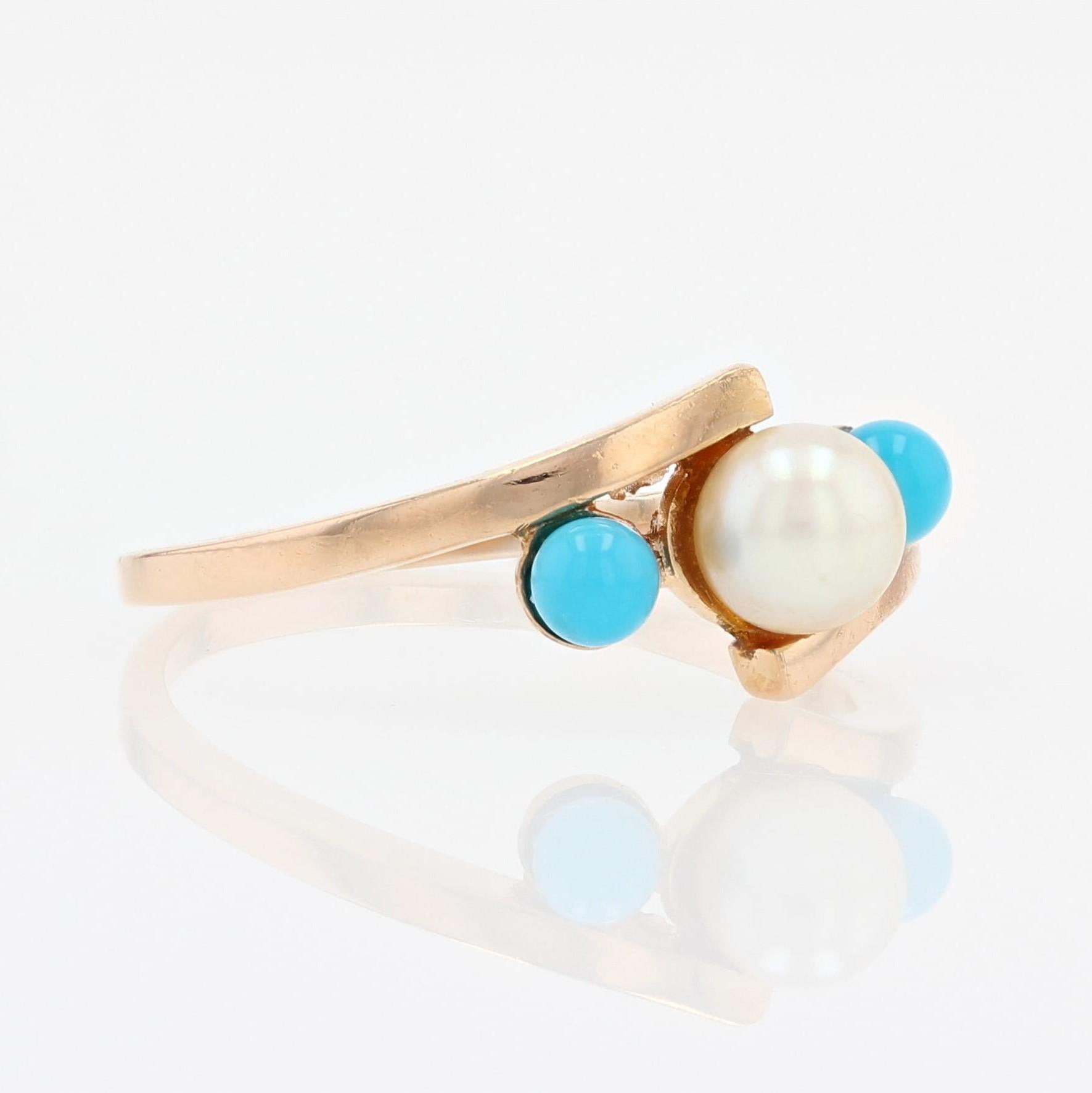 Bead French 1950s Turquoise Cultured Pearls 18 Karat Rose Gold Ring For Sale