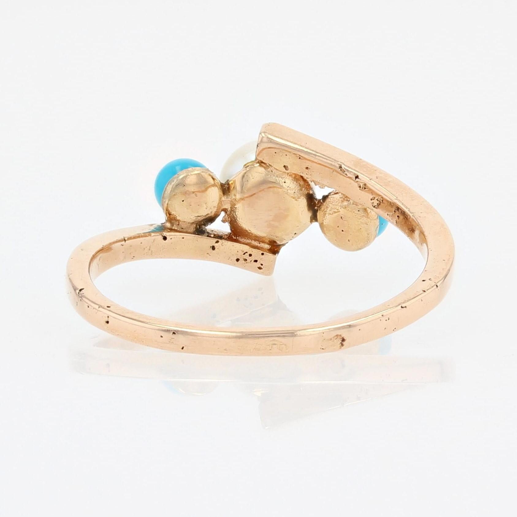 French 1950s Turquoise Cultured Pearls 18 Karat Rose Gold Ring In Good Condition For Sale In Poitiers, FR