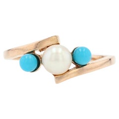 Vintage French 1950s Turquoise Cultured Pearls 18 Karat Rose Gold Ring