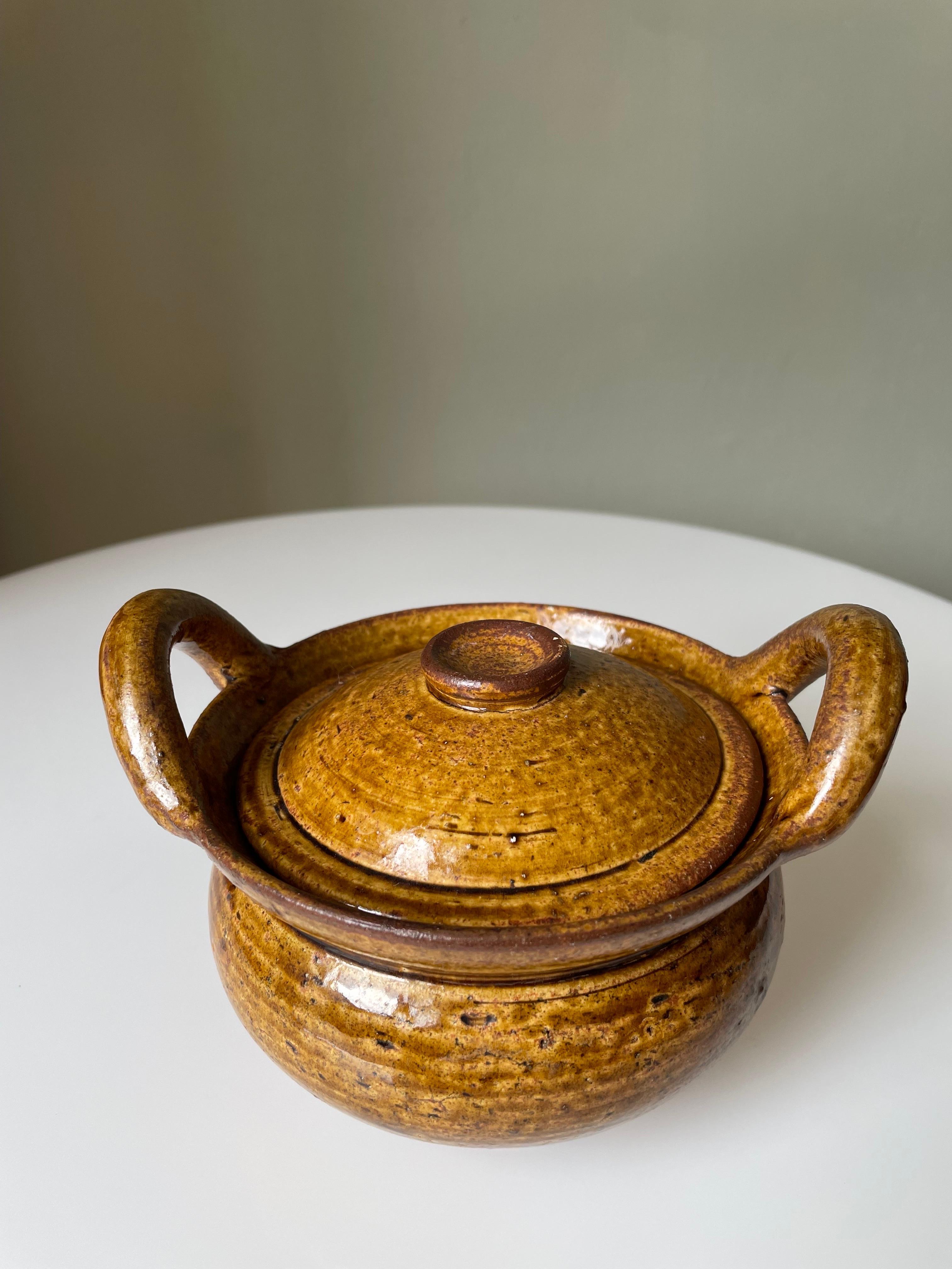 Ceramic Antique French Umber Glazed Lidded Bowl, 1920s For Sale