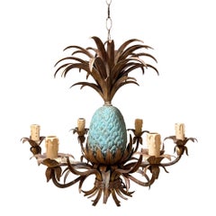 French 1950s Verdigris Pineapple Chandelier With Six Arms