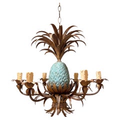 French 1950s Verdigris Pineapple Chandelier With Six Arms
